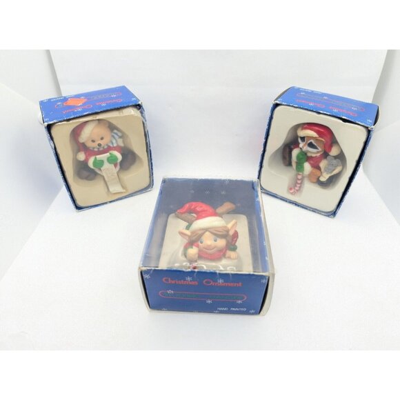 Set Of 3 Christmas Stocking Hangers Small Racoon, Elf And Bear - Picture 1 of 16